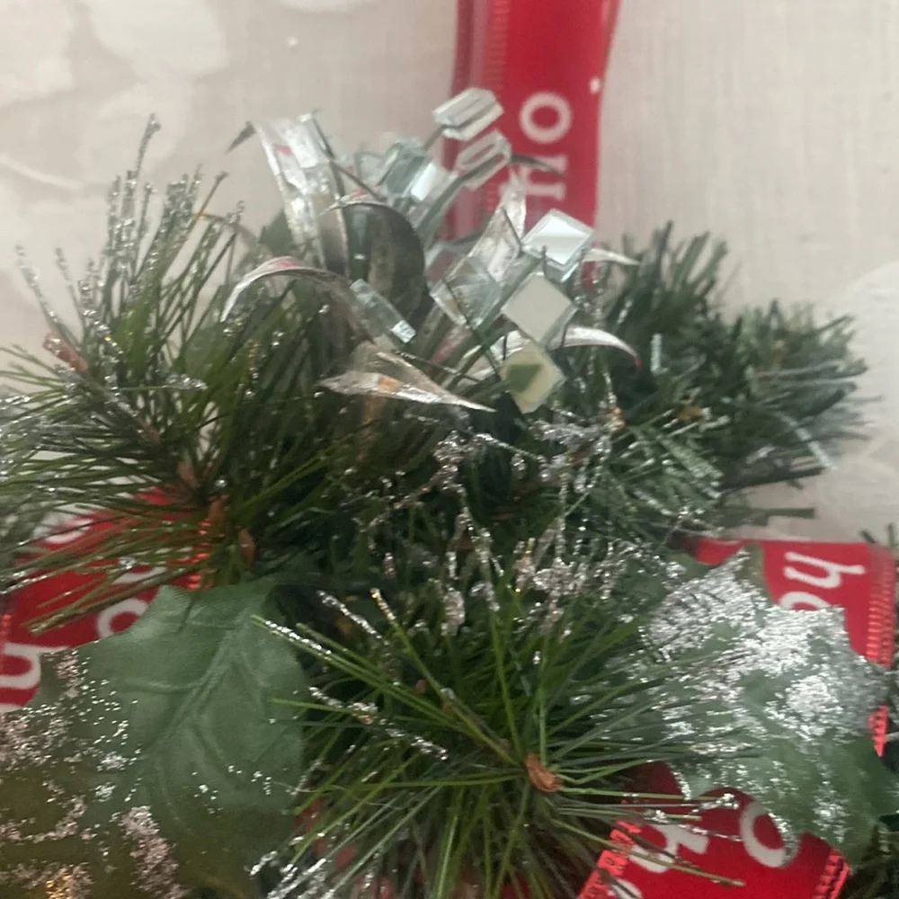 Winter holiday wreath with ho ho ho & BELIEVE adornments evergreen base
